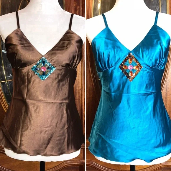 YOU GET BOTH - New NWT Jewel Tone Sequin Silky Cami Tank - Y2K 90s 2000s Retro - Picture 2 of 13